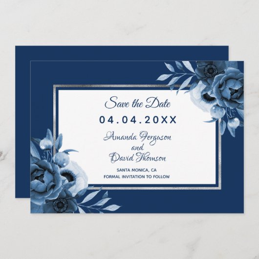 Navy blue white bruiloft floral Save the Date Aankondiging (Voorkant / Achterkant)