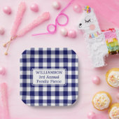 Navy Blue White Buffalo Check Family Picnic Papieren Bordje (Feest)