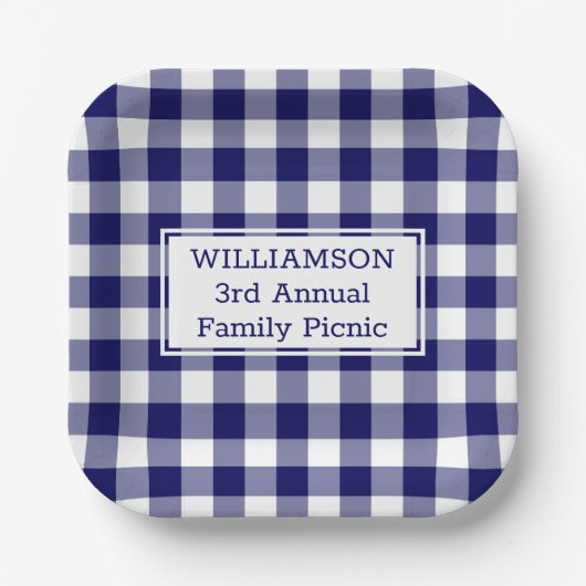 Navy Blue White Buffalo Check Family Picnic Papieren Bordje (Voorkant)