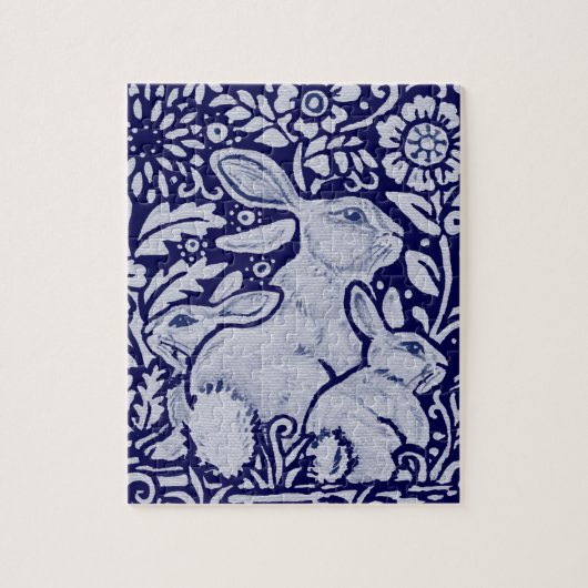 Navy Blue & White Bunny Rabbit Family & Flowers Legpuzzel (Verticaal)