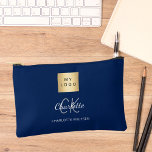 Navy blue white business logo name monogram etui<br><div class="desc">Navy blue background,  white and gray text. Personalize and add your business logo,  first name,  monogram initials and full name.</div>