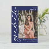 Navy Blue White Calligraphy Photo Afstuderen Kaart (Staand voorkant)