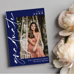 Navy Blue White Calligraphy Photo Afstuderen Kaart