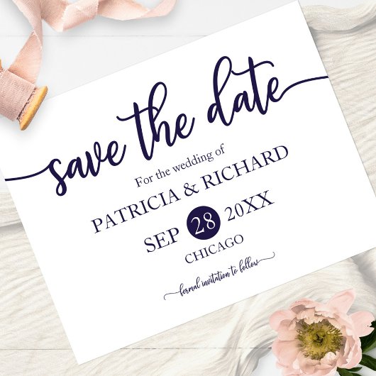 Navy Blue White Calligraphy Wedding Save the Date Briefkaart