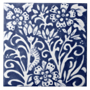 Navy Blue White Caterstone over Flower Floral Delf Tegeltje