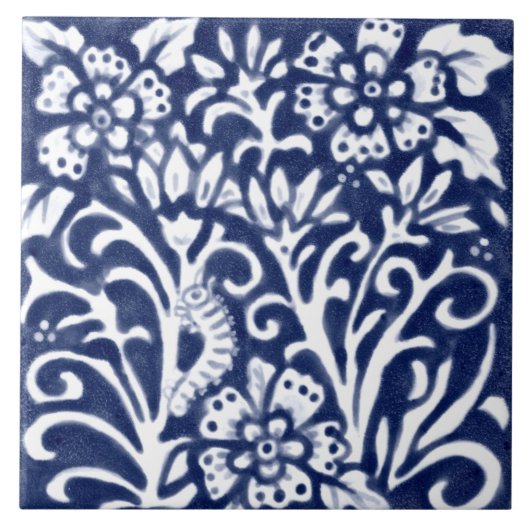 Navy Blue White Caterstone over Flower Floral Delf Tegeltje (Voorkant)