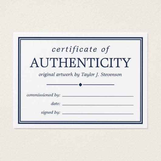 Navy Blue White Certificate of Authenticity Visitekaartje (Voorkant)
