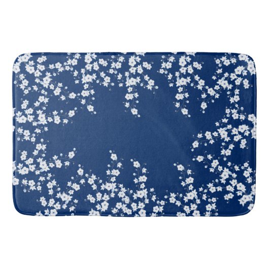 Navy Blue White Cherry Blossom  Badmat (Voorkant)