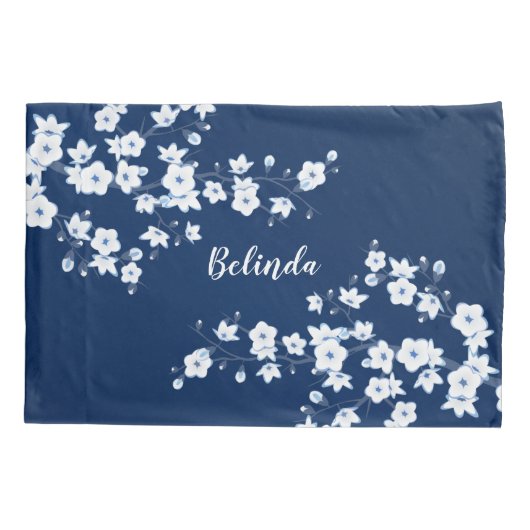 Navy Blue White Cherry Blossom Monogram Kussensloop (Achterkant)