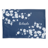 Navy Blue White Cherry Blossom Monogram Kussensloop (Voorkant)