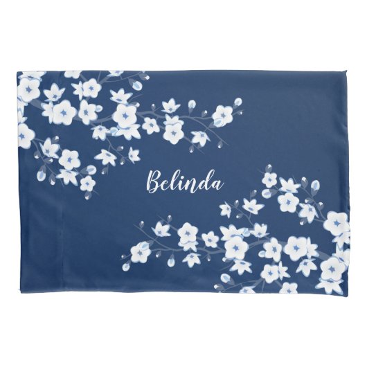 Navy Blue White Cherry Blossom Monogram Kussensloop (Voorkant)