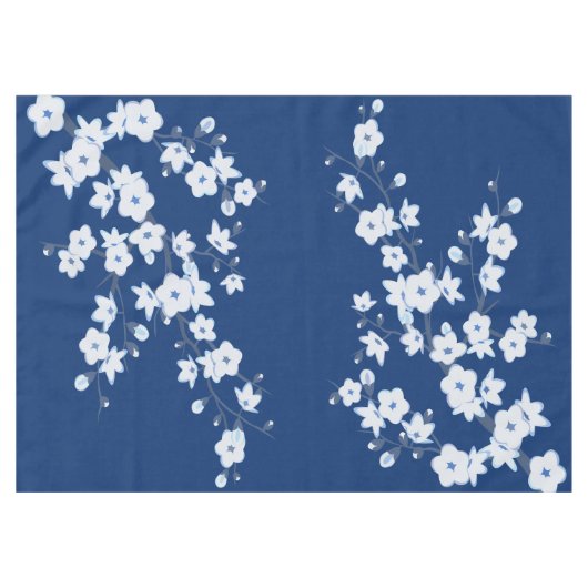Navy Blue White Cherry Blossom Tafelkleed (Voorkant (Horizontaal))