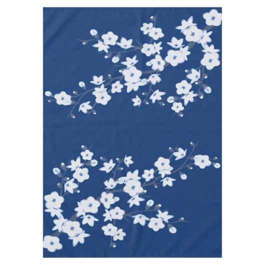 Navy Blue White Cherry Blossom Tafelkleed (Voorkant)