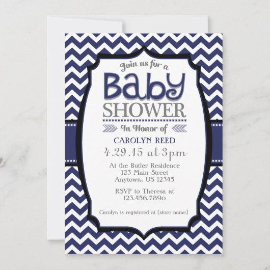 Navy Blue White Chevron Baby shower Kaart (Voorkant)