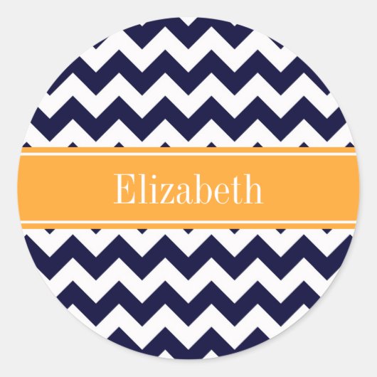 Navy Blue White Chevron Cantaloupe Name Monogram Ronde Sticker (Voorkant)