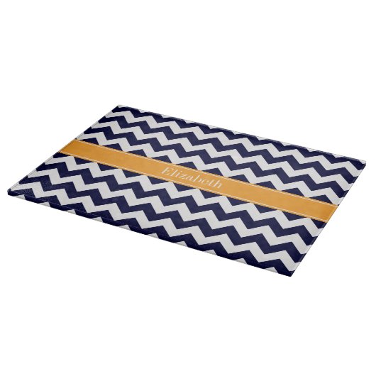 Navy Blue White Chevron Cantaloupe Name Monogram Snijplank (Hoek)