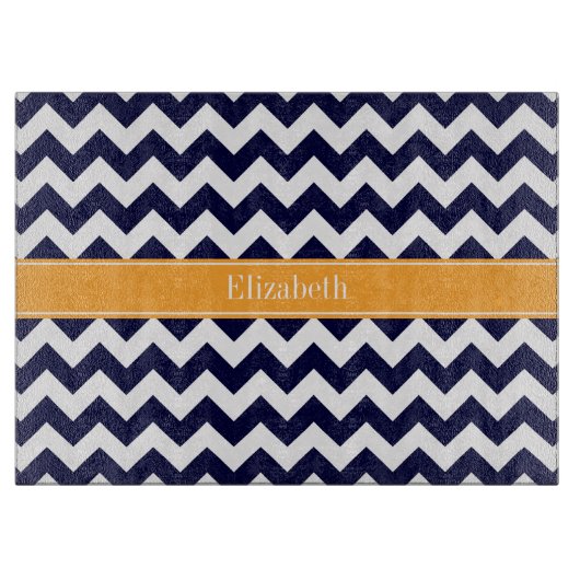Navy Blue White Chevron Cantaloupe Name Monogram Snijplank (Voorkant)