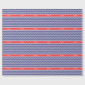 Navy Blue White Chevron Coral Red Naam Monogram Cadeaupapier (Vlak)