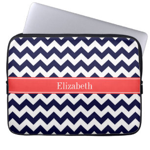 Navy Blue White Chevron Coral Red Naam Monogram Laptop Sleeve