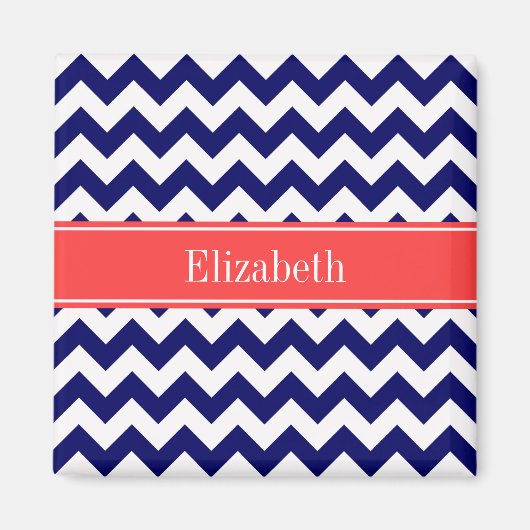 Navy Blue White Chevron Coral Red Naam Monogram Magneet (Voorkant)