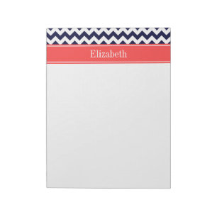 Navy Blue White Chevron Coral Red Naam Monogram Notitieblok
