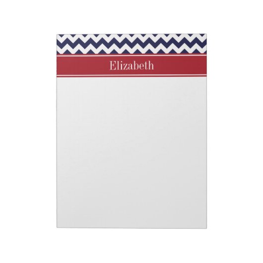 Navy Blue White Chevron Cranberry Name Monogram Notitieblok (Linkerzijde)