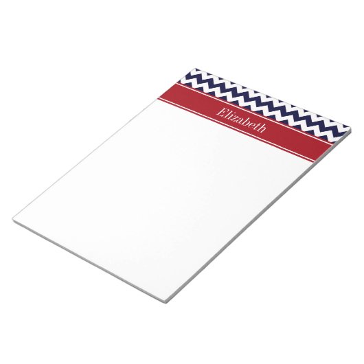 Navy Blue White Chevron Cranberry Name Monogram Notitieblok (Schuin)