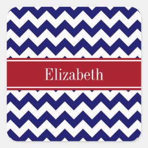 Navy Blue White Chevron Cranberry Name Monogram Vierkante Sticker