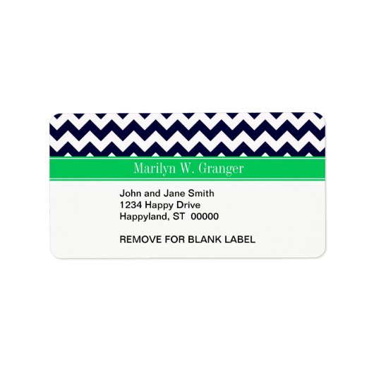 Navy Blue White Chevron Emerald Name Monogram Etiket (Voorkant)