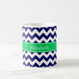 Navy Blue White Chevron Emerald Name Monogram Koffiemok