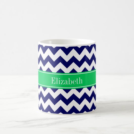 Navy Blue White Chevron Emerald Name Monogram Koffiemok (Center)