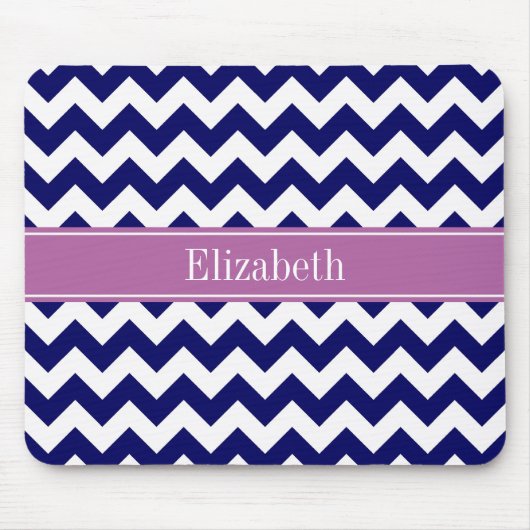 Navy Blue White Chevron Orchid Name Monogram Muismat (Voorkant)