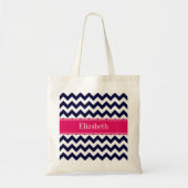 Navy Blue White Chevron Raspberry Name Monogram Tote Bag (Voorkant)