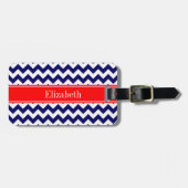 Navy Blue White Chevron Zig Zag Red Name Monogram Bagagelabel (Voorkant horizontaal)