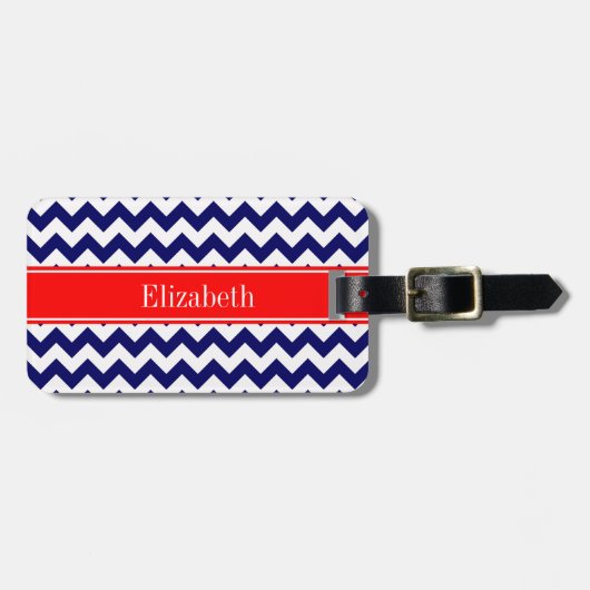 Navy Blue White Chevron Zig Zag Red Name Monogram Bagagelabel (Voorkant horizontaal)