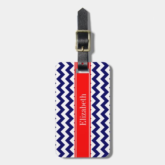 Navy Blue White Chevron Zig Zag Red Name Monogram Bagagelabel (Voorkant verticaal)