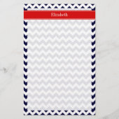 Navy Blue White Chevron Zig Zag Red Name Monogram Briefpapier (Voorkant)