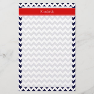 Navy Blue White Chevron Zig Zag Red Name Monogram Briefpapier
