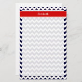 Navy Blue White Chevron Zig Zag Red Name Monogram Briefpapier (Voorkant / Achterkant)