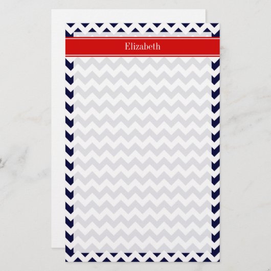 Navy Blue White Chevron Zig Zag Red Name Monogram Briefpapier (Voorkant / Achterkant)