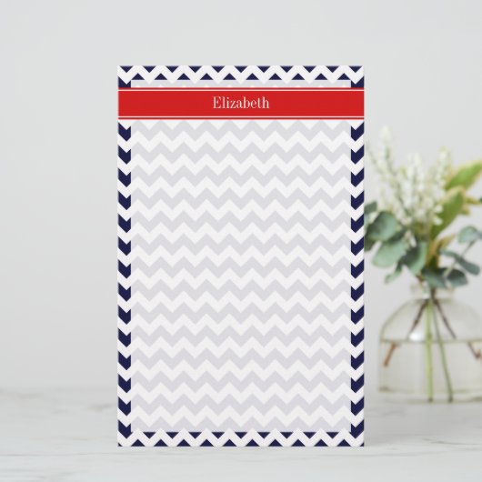 Navy Blue White Chevron Zig Zag Red Name Monogram Briefpapier (Staand voorkant)