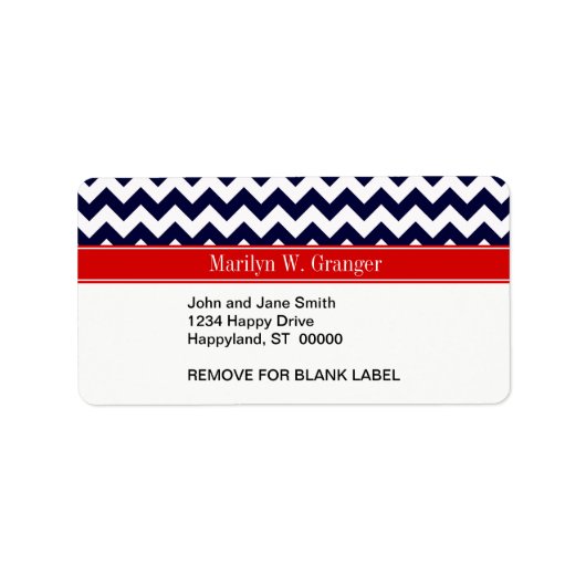 Navy Blue White Chevron Zig Zag Red Name Monogram Etiket (Voorkant)