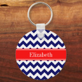 Navy Blue White Chevron Zig Zag Red Name Monogram Sleutelhanger (Voorkant)
