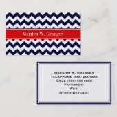Navy Blue White Chevron Zig Zag Red Name Monogram Visitekaartje (Voorkant / Achterkant)