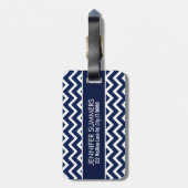 Navy Blue & White Chevron Zigzag Pattern Bagagelabel (Achterkant verticaal)