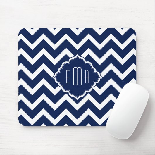 Navy Blue & White Chevron Zigzag Pattern Muismat (Met muis)