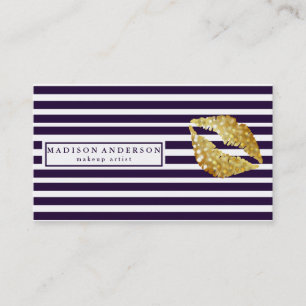 Navy Blue & White Chic Gold Lips - Makeup Artist B Visitekaartje