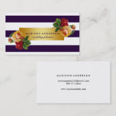 Navy Blue & White Chic Stripes Gold  Floral Visitekaartje (Voorkant / Achterkant)