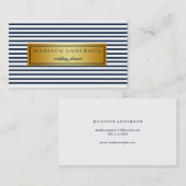 Navy Blue & White Chic Stripes in Gold Business Ca Visitekaartje (Voorkant / Achterkant)