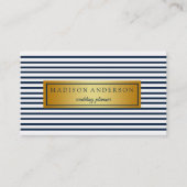 Navy Blue & White Chic Stripes in Gold Business Ca Visitekaartje (Voorkant)